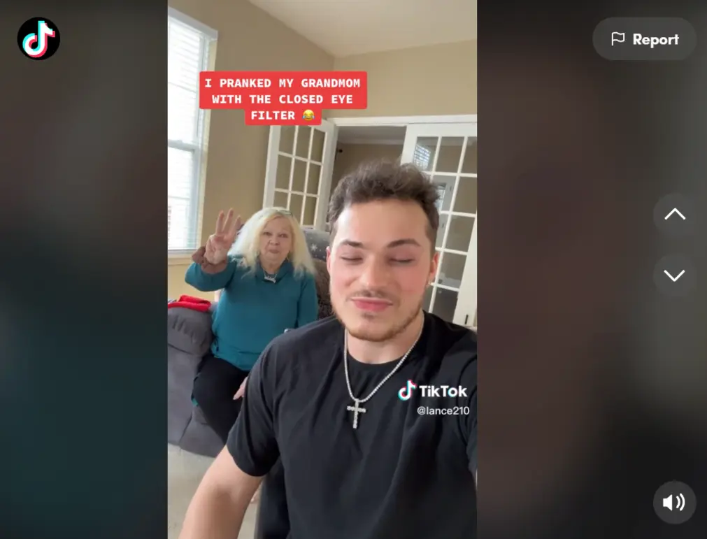 A grandson is pranking his grandmother with Close eyes filter on TikTok