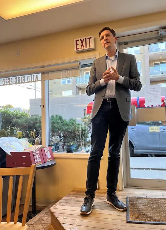 David Eby giving a speech at Kamloops during his visit there
