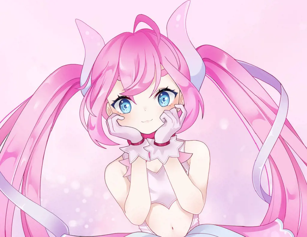 Chibidoki’s avatar in her stream has pink hair that is styled in two long twin tails with red and ribbons. 