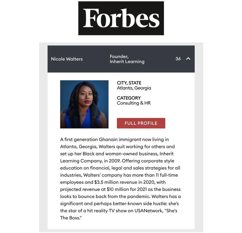  Nicole Walters has been mentioned in Forbes for her Inherit learning company in 2021