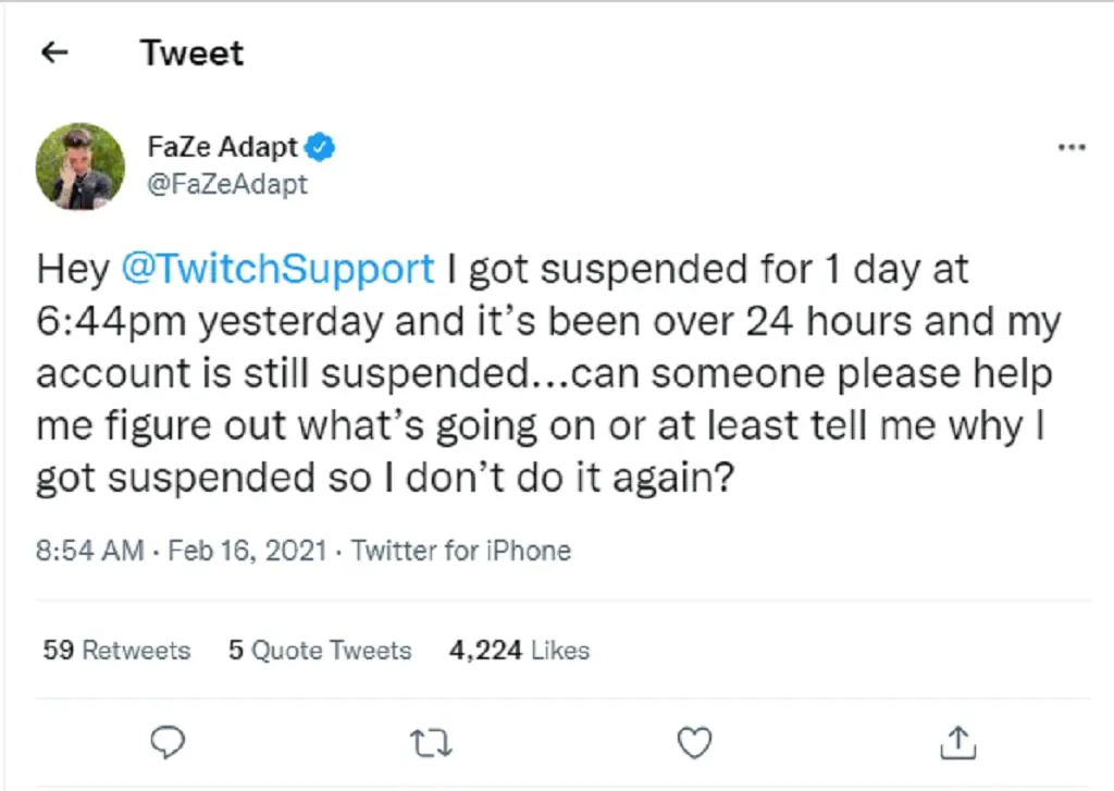 Faze Adapt's Twitch account is terminated for 24 hours.