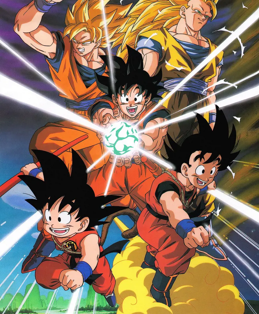 A picture showing different versions of Goku from the Dragon Ball series