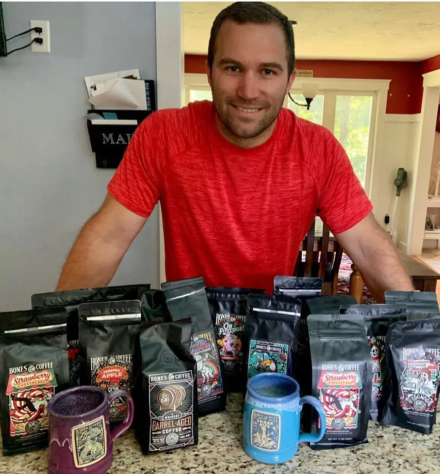 Jon with his collection of coffees from Bones Coffee Company in September 2022
