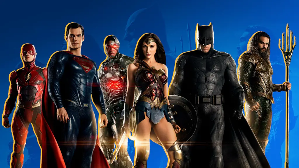 The poster of 2017 film Justice League featuring Flash at the left end, and Aquaman at the right end