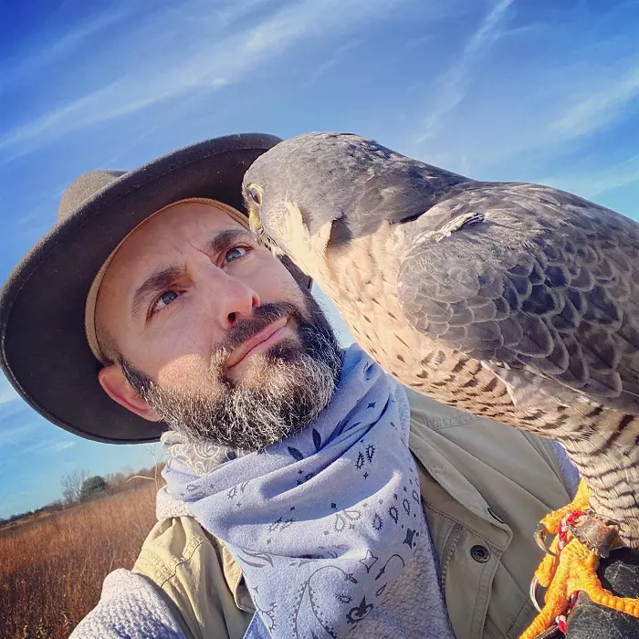 Peterson hanging out with beautiful Peregrine Falcon named Shelly on Tuesday