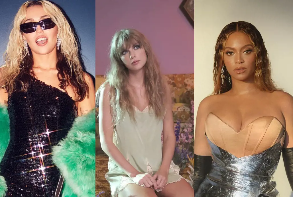 Miley Cyrus (left), Taylor Swift (center), and Beyonce (right) are some of the top music influencers on Instagram.
