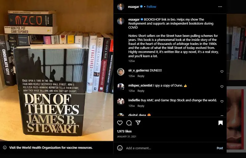Another book 'Den of Thieves' recommended by Saagar on his Instagram profile in 2021
