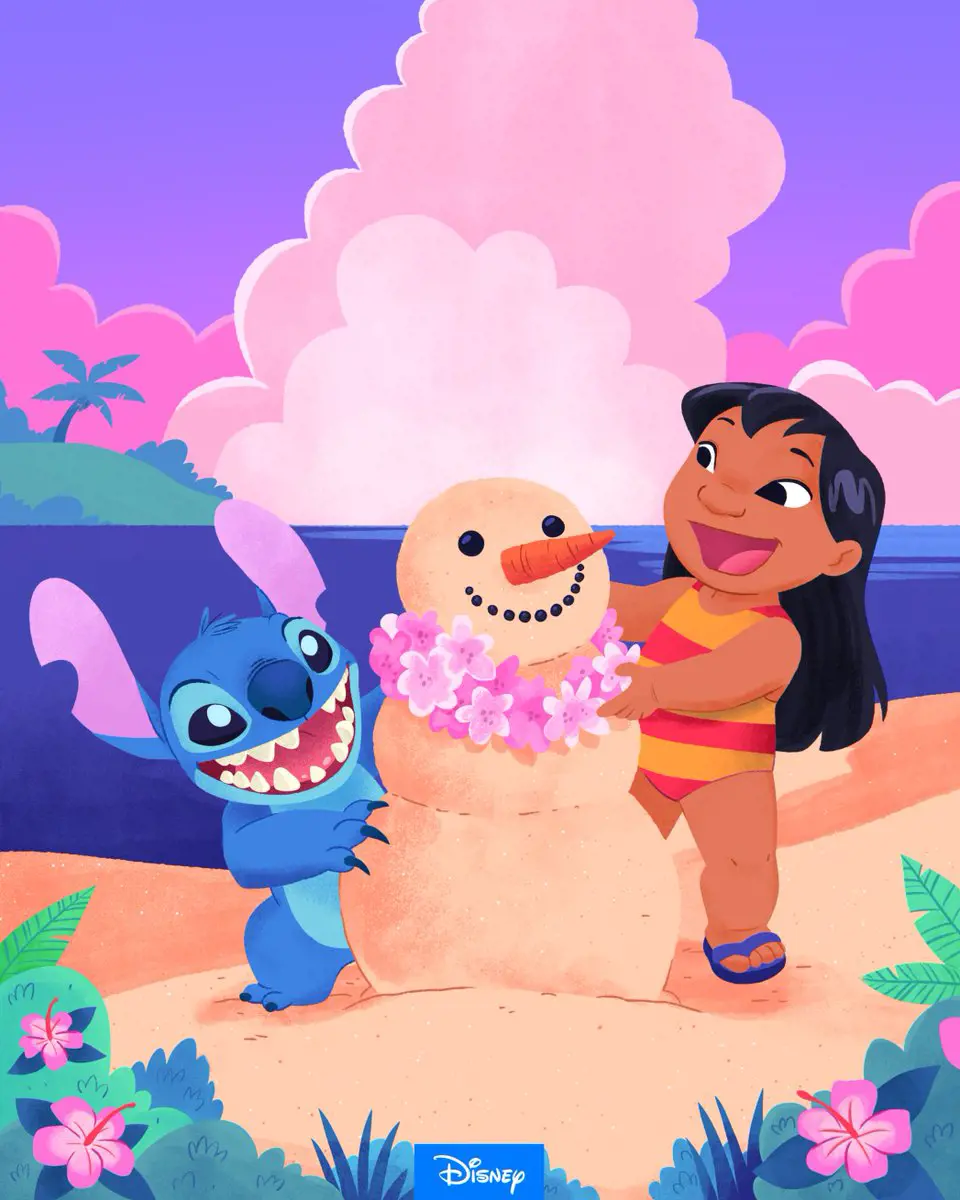Lilo, Stitch playing by making a snowman during the winter